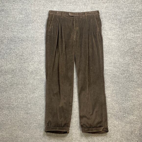 Linea Naturale Pants Mens 38 Espresso Brown Corduroy Pleated Trouser Folded Cuff - Picture 2 of 11